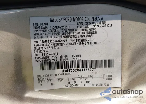 2004 Ford Taurus Ses from USA, damaged, VIN 1FAFP55204A166277